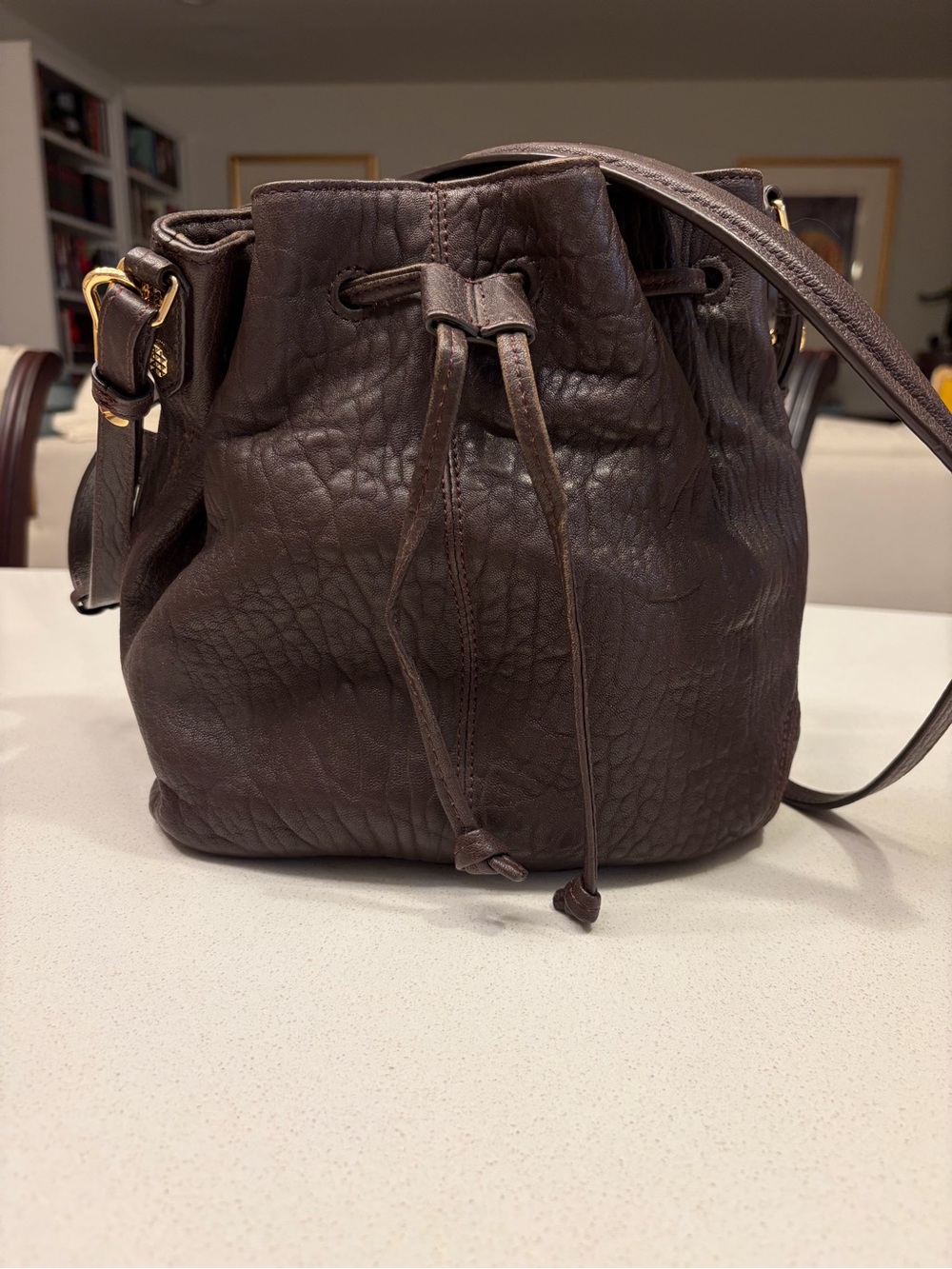 Elizabeth and James Dark Brown Pebbled Leather Drawstring Shoulder Bag
